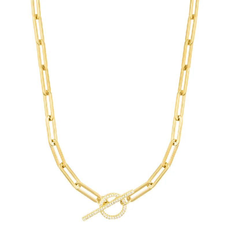 modern gemstone necklaces for women -14k Gold Plated Paperclip CZ Toggle Necklace