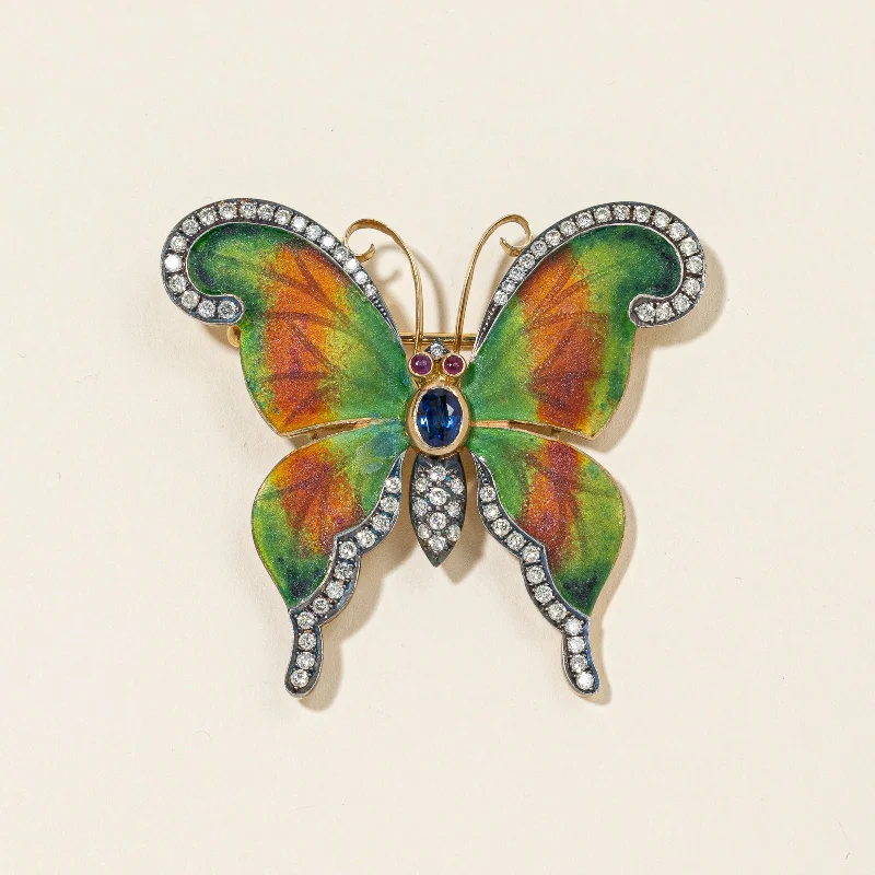 18K Yellow Gold Butter-fly Sapphire Ruby and Diamond Brooch | 0.75ctw, 0.10ctw, 1.00ctw