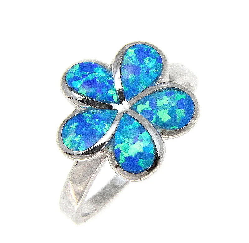 titanium rings for women -925 Sterling Silver Rhodium Hawaiian Plumeria Flower Blue Opal Ring Size 5-10