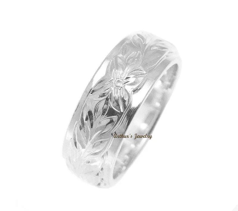 bridal rings for women -STERLING SILVER 925 HAWAIIAN MAILE LEAF PLUMERIA FLOWER SCROLL 6MM/8MM DOUBLE RING