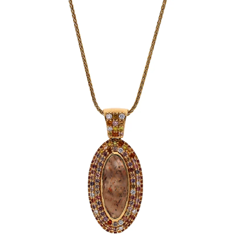 sparkling diamond necklaces for women -14K Yellow Gold Oval Sandstone Sapphires Garnets and Diamonds Pendant Necklace