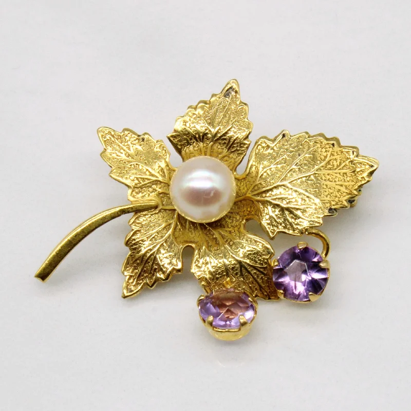 Vintage Edinburgh Hallmarked Pearl & Amethyst Leaf Brooch | 0.65ctw |