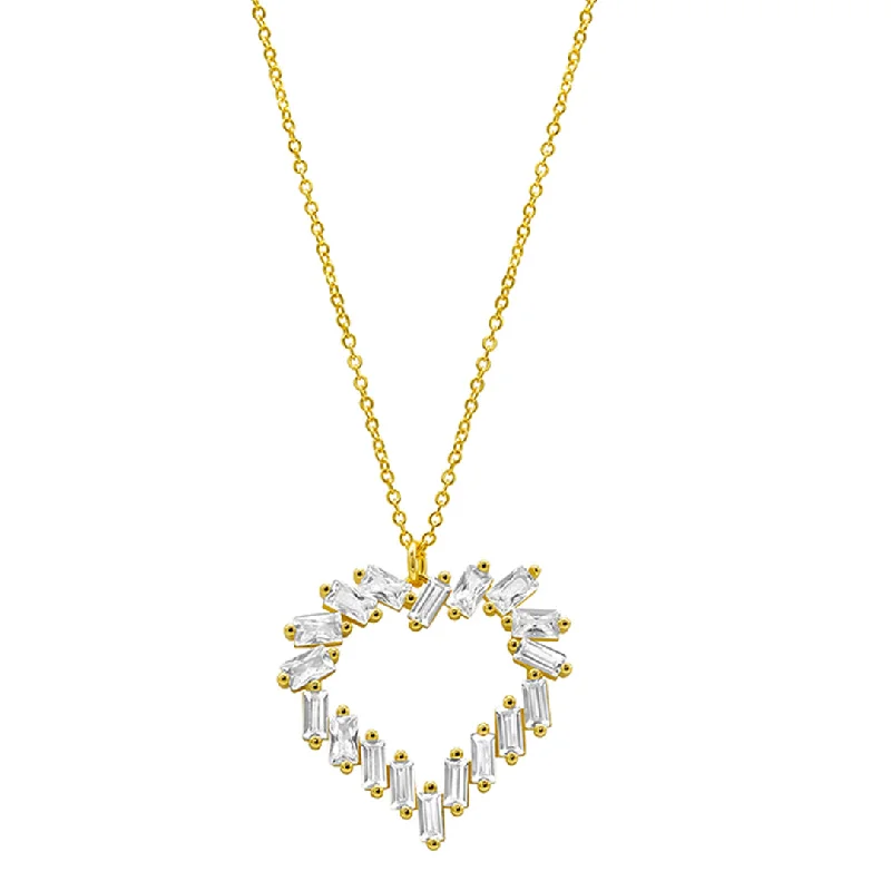 engraved silver necklaces for women -14k Gold Plated Crystal Baguette Heart Pendant Necklace