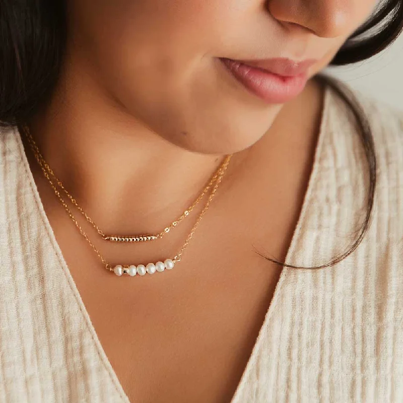 boho necklaces for women -Comfort Collection - White Pearl + Gold Bead Bar Necklace