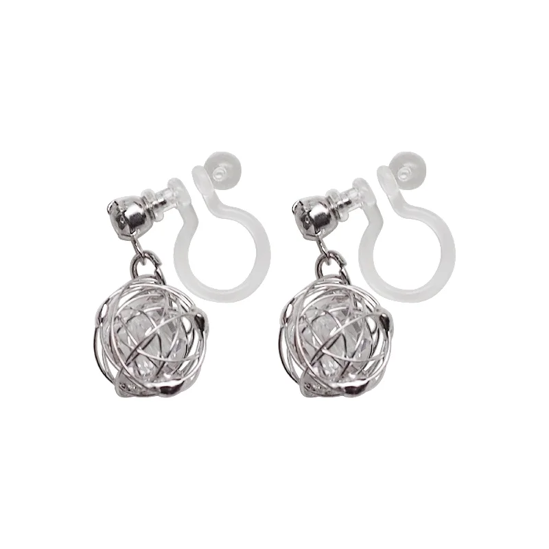 minimal earrings for women -Dangle Silver Mesh Ball with Cubic Zirconia Crystal Invisible Clip On Earrings