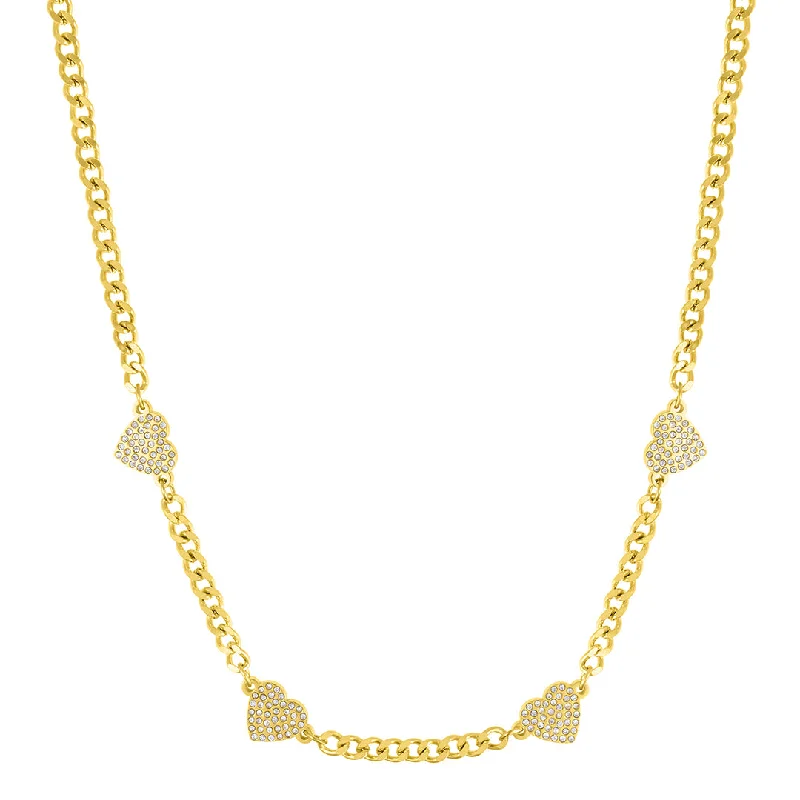 minimalist necklaces for women -14k Gold Plated Curb Chain with Crystal Hearts Necklace