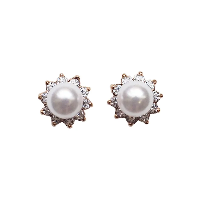 modern hoop earrings for women -White Pearl & Cubic Zirconia Crystal Pave Invisible Clip On Stud Earrings ( Rose gold tone )