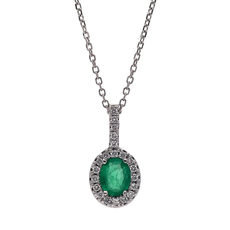 elegant necklaces for women -14K White Gold Oval Emerald and Diamond Pendant 16" Necklace