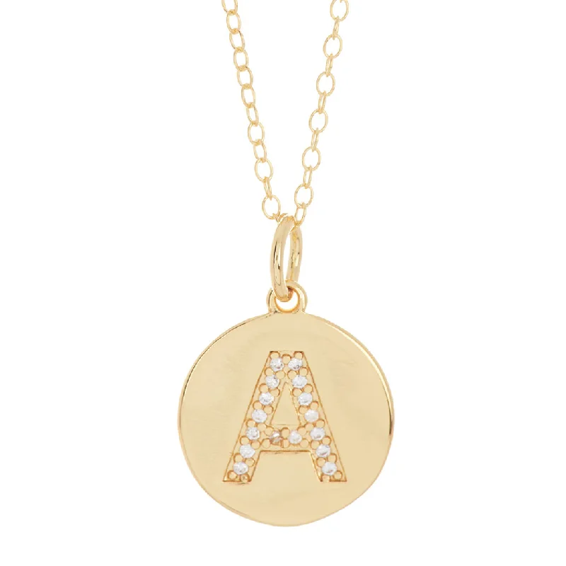 delicate necklaces for women -Tarnish Resistant 14k Gold Plated Initial Pave Disc Necklace