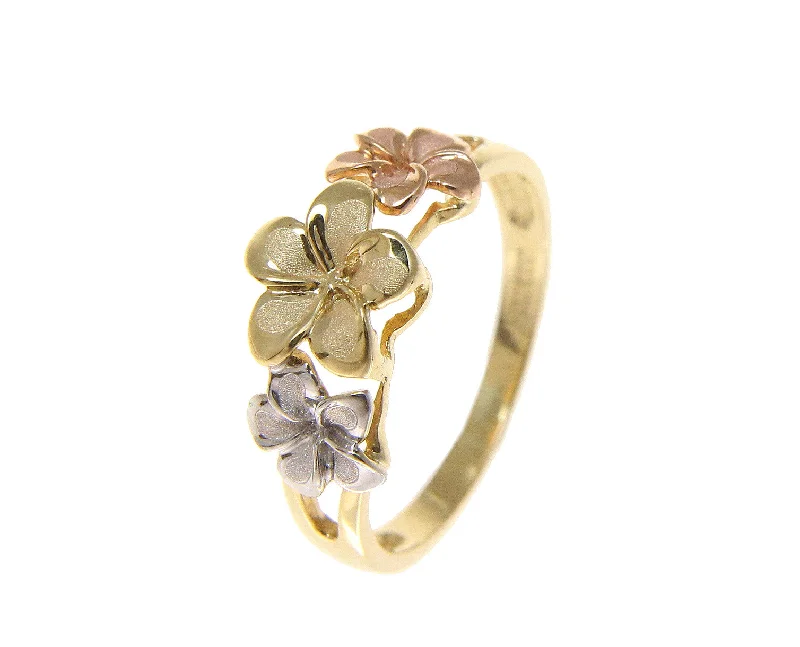 solitaire engagement rings -SOLID 14K TRICOLOR GOLD 6.5MM-8MM-6.5MM HAWAIIAN PLUMERIA FLOWER RING