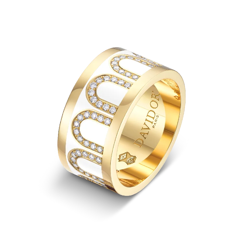 bohemian style necklaces for women -L'Arc de DAVIDOR Ring GM, 18k Yellow Gold with Neige Lacquered Ceramic and Arcade Diamonds