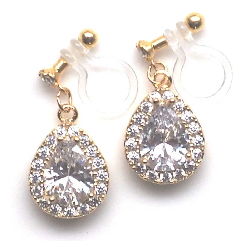 hoop earrings for women -Bridal teardrop cubic zirconia invisible clip on earrings ( gold tone )