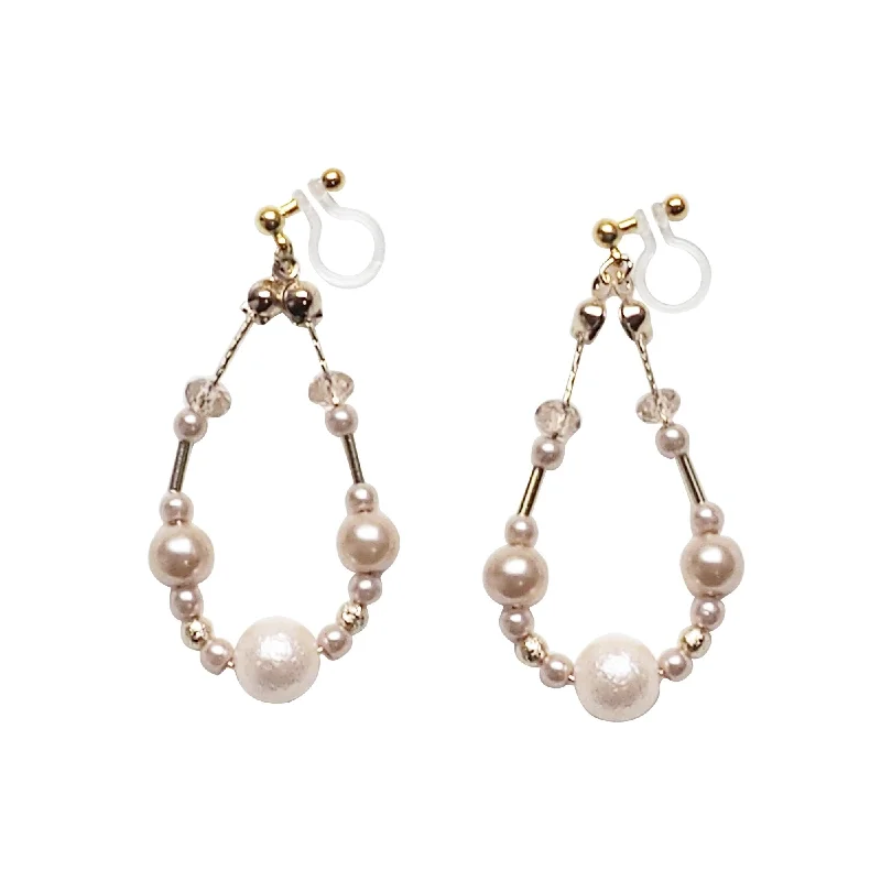 fun earrings for women -Dangle pink cotton pearls invisible clip on earrings