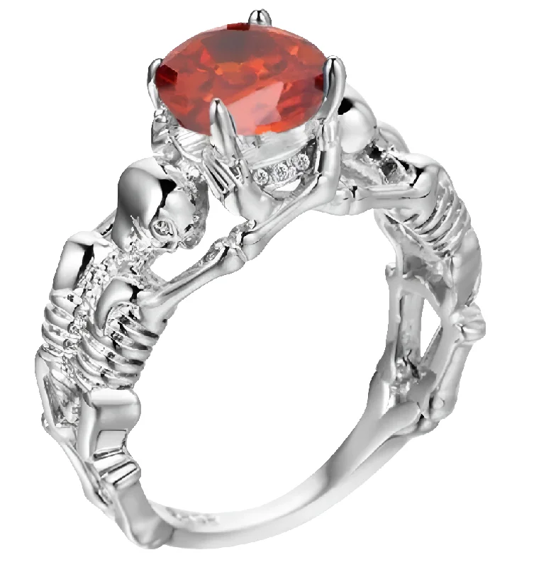 wedding bands for women -Stainless Steel Skeleton Red CZ Ring