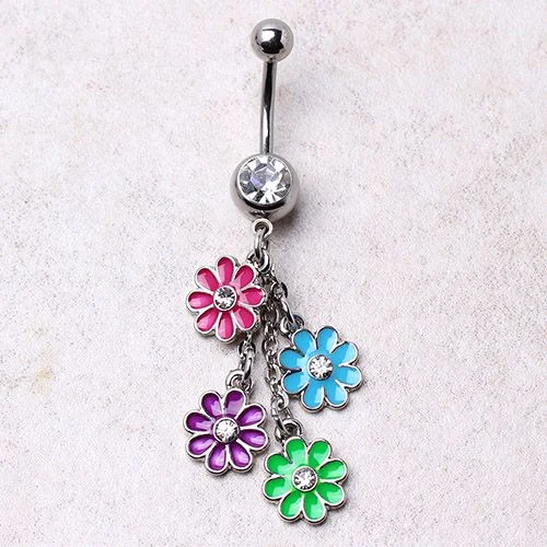 titanium rings for women -Navel Ring with Multi Color Daisy Dangle