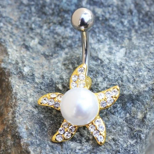 trendy rings for women -Gold Pearl Accent Starfish Navel Ring