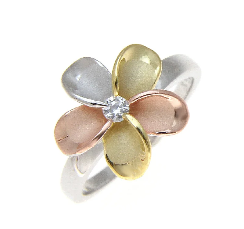 gemstone wedding rings -STERLING SILVER 925 HAWAIIAN SINGLE TRICOLOR PLUMERIA FLOWER RING 15MM CZ