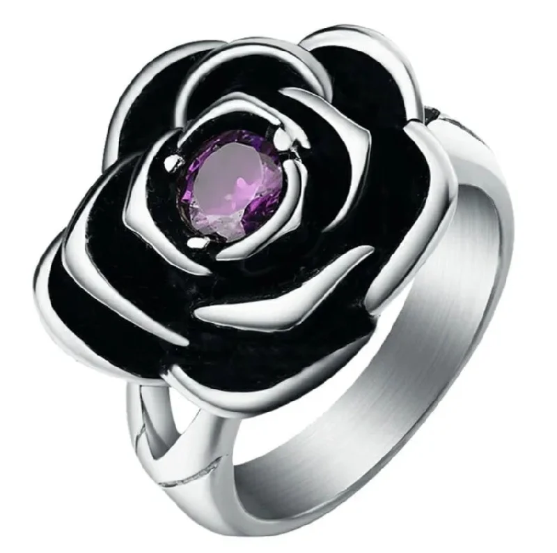 halo engagement rings -Stainless Steel Purple CZ Rose Ring