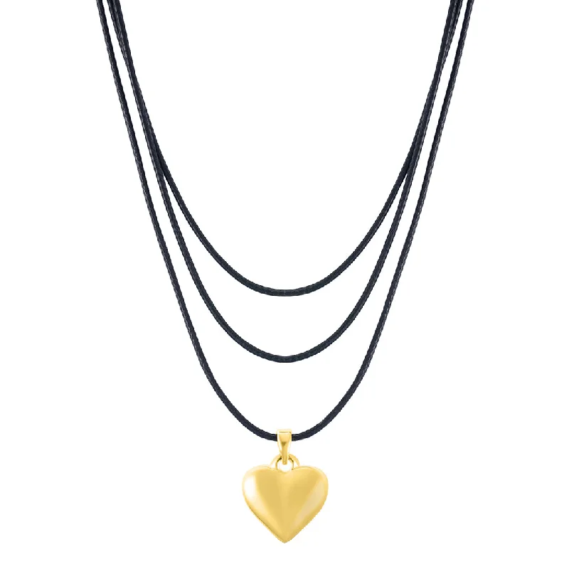 vintage-style necklaces for women -14k Gold Plated Adjustable Puffy Heart with Black Chord Bolo Necklace