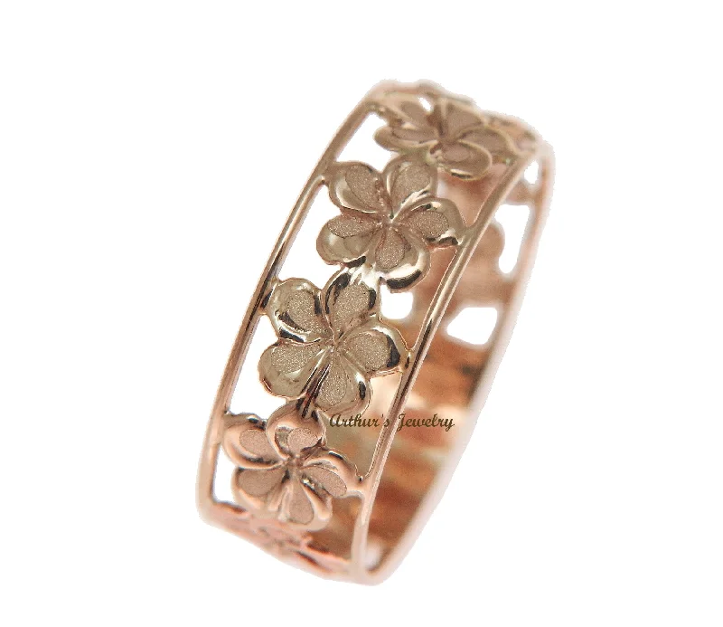 pearl rings for women -SOLID 14K PINK ROSE GOLD HAWAIIAN FANCY PLUMERIA FLOWER 6.5MM LEI RING