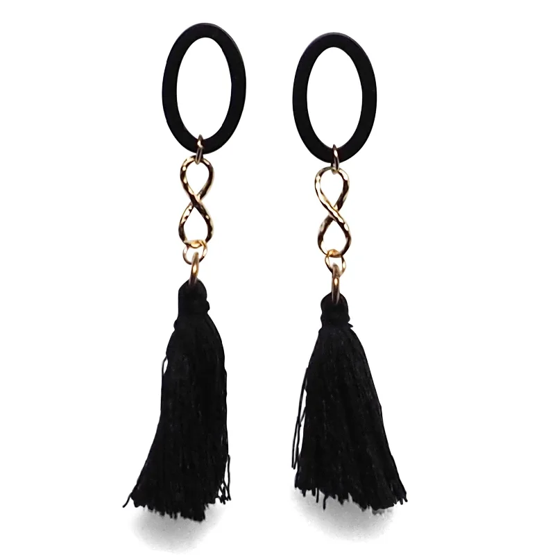 elegant gemstone earrings -Black hoop with black tassel invisible clip on earrings