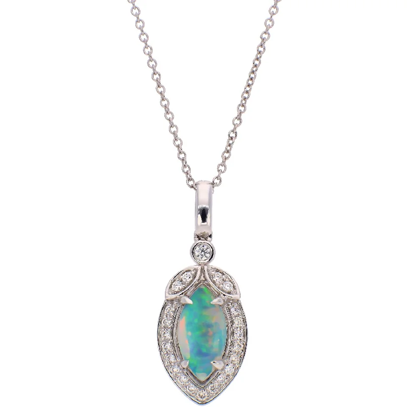 trendy pendant necklaces for women -14K White Gold Opal Cabochon and Diamond Necklace