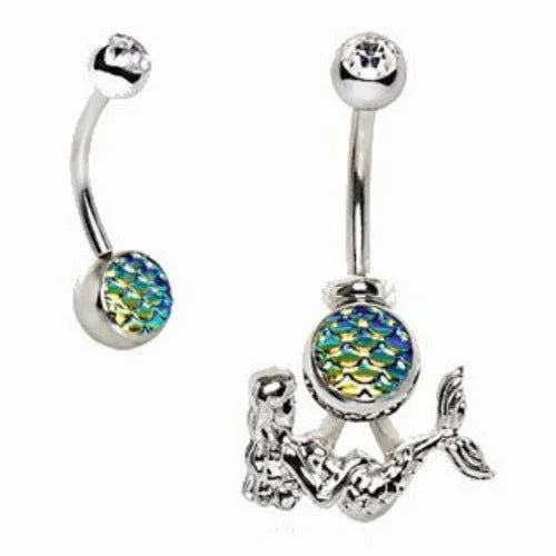 promise rings for women -316L Stainless Steel 2-in-1 Fish Scale Cabochon Mermaid Navel Ring