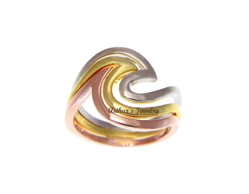 statement rings for women -925 Sterling Silver Tricolor Plated Hawaiian Ocean Wave 3 in 1 Ring Size 5-10