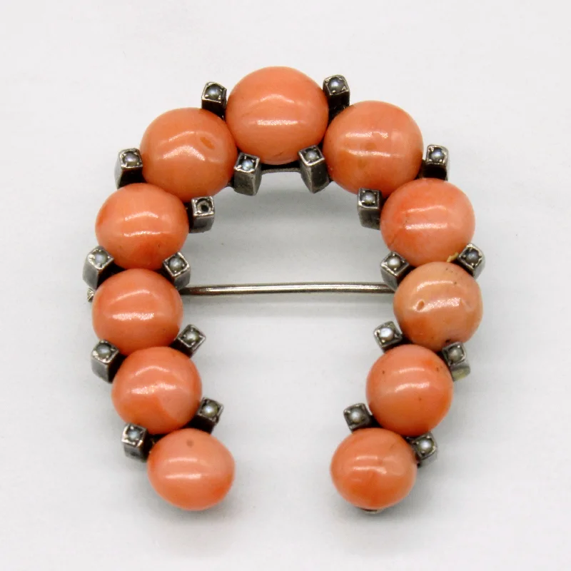 Victorian Era Coral & Seed Pearl Horseshoe Brooch | 11.50ctw |