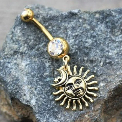 solitaire engagement rings -Gold Sun Moon Star Dangle Navel Ring