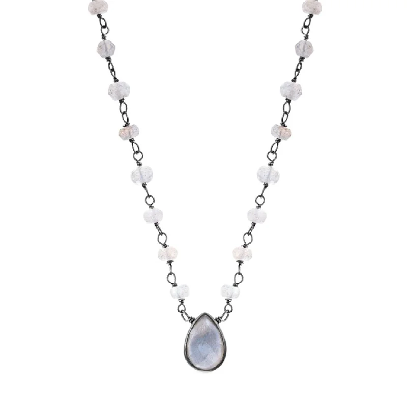 elegant pearl necklaces for brides -Labradorite Rosary with Pear Center Stone Necklace black rhodium .925 sterling silver