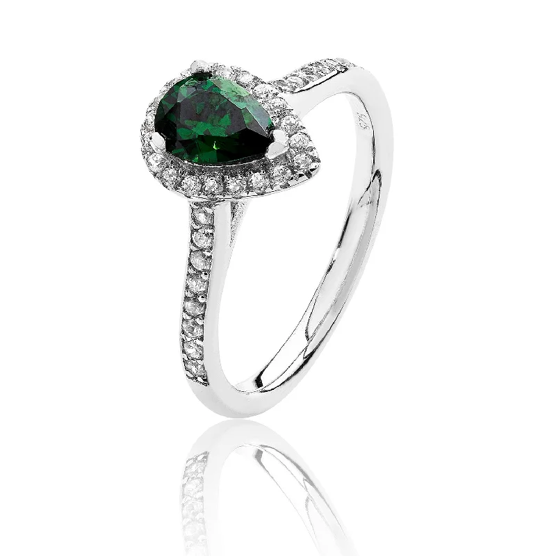 silver rings for women -Pear Shape Halo Style Emerald Ring - Silver Rhodium