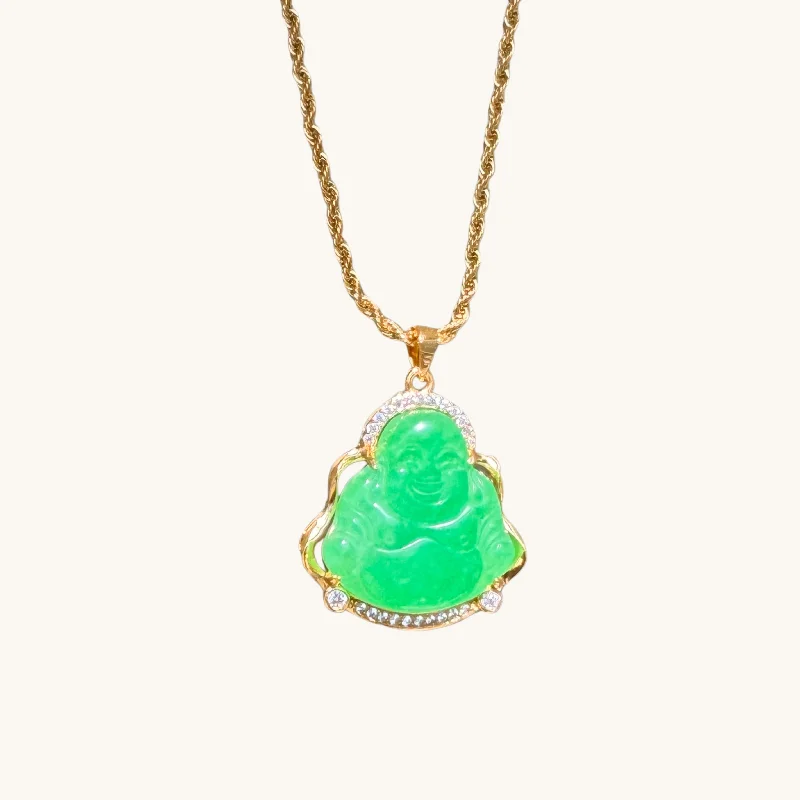 vintage pendant necklaces for women -Green Jade CZ Diamond Buddha Necklace