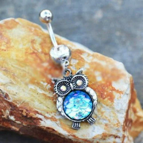 stylish wedding rings for women -316L Stainless Steel Jeweled Rainbow Owl Dangle Navel Ring