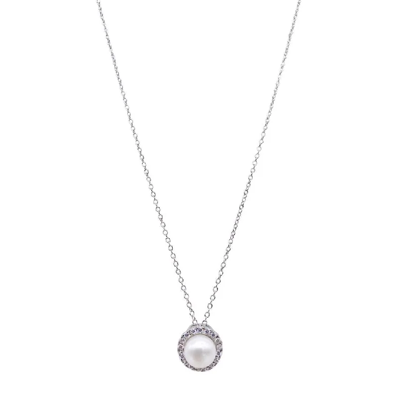 moonstone necklaces for women -Rhodium Plated Freshwater Pearl Halo Necklace