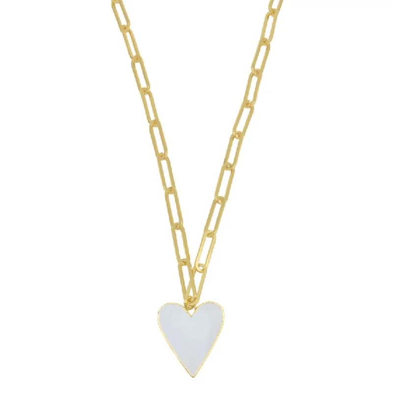 crystal drop necklaces for women -14k Gold Plated White Enamel Heart Paper Clip Chain Necklace