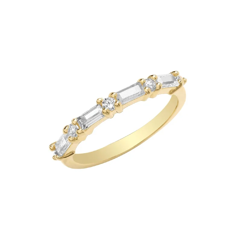 wedding ring bands -Baguette & Round CZ Half Eternity Ring- 9CT Yellow Gold