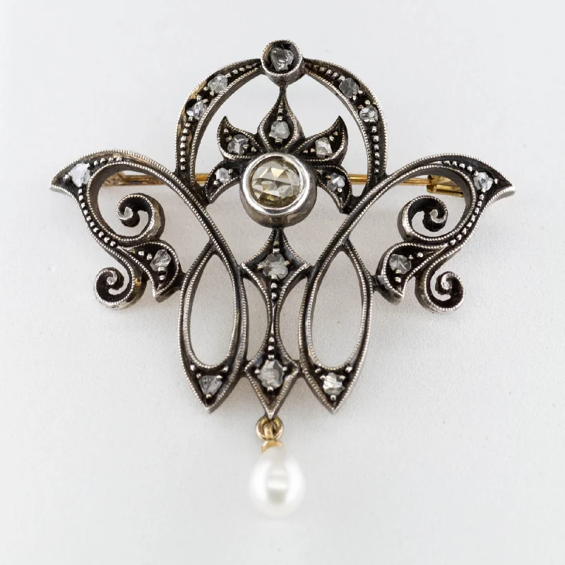 Art Nouveau Silver Topped Gold Brooch with Rose Cut Diamonds | 0.57 ctw |