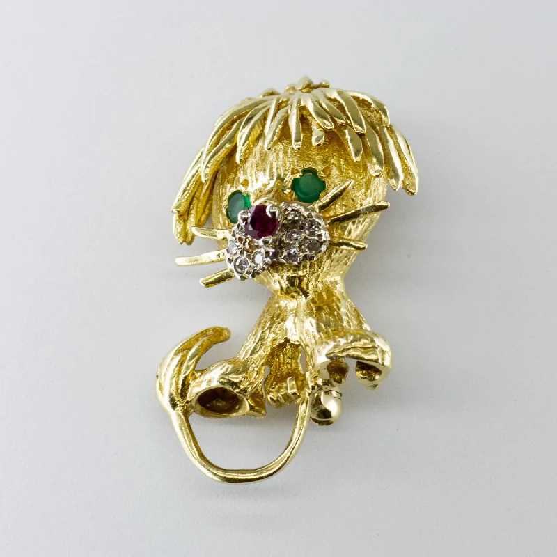 Ruby, Emerald and Diamond 14k Lion Brooch| 0.06ctw, 0.04ctw 0.04ctw |