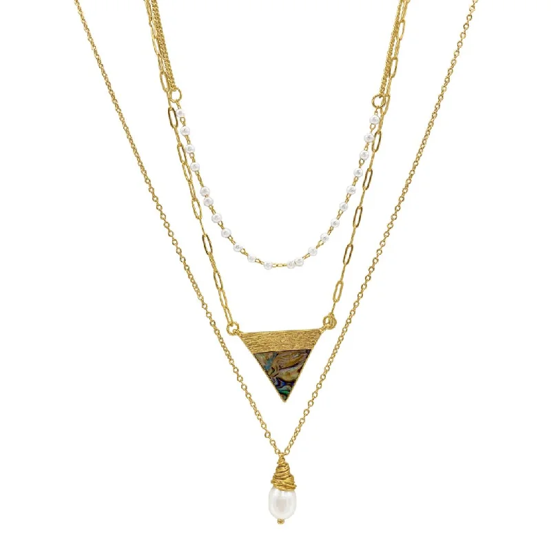 elegant necklaces for women -14k Gold Plated Triangle and Freshwater Pearl Pendant Layered Necklace