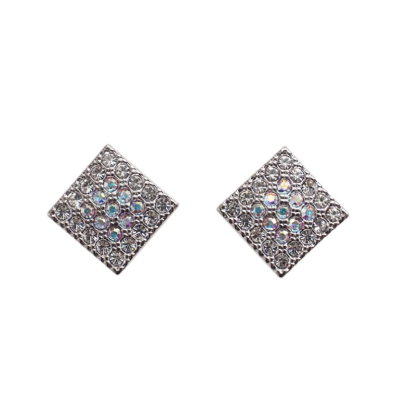 luxurious pearl drop earrings -Square Swarovski Crystal Rhinestone Pave Invisible Clip On Stud Earrings ( Silvert tone )