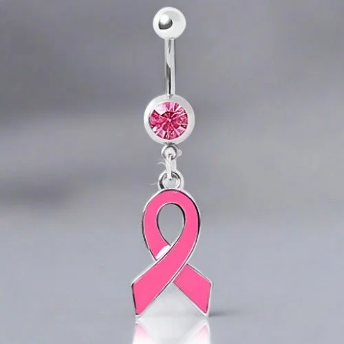 eternity rings for women -316L Gemmed Navel Ring with Enameled Pink Awareness Ribbon Dangle