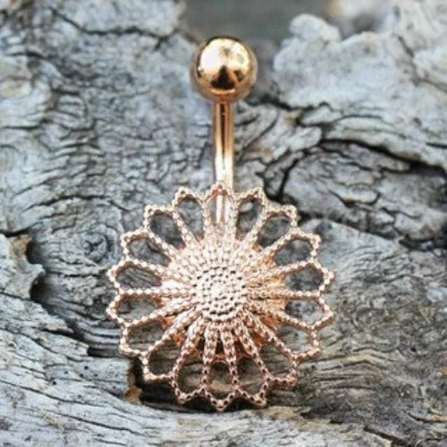 unique rings for women -Rose Gold Plated Ornate Flower Navel Ring