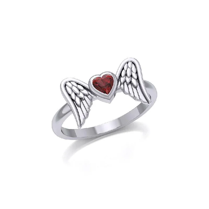 custom engagement rings -Heart Gemstone and Double Angel Wings Silver Ring TRI1839