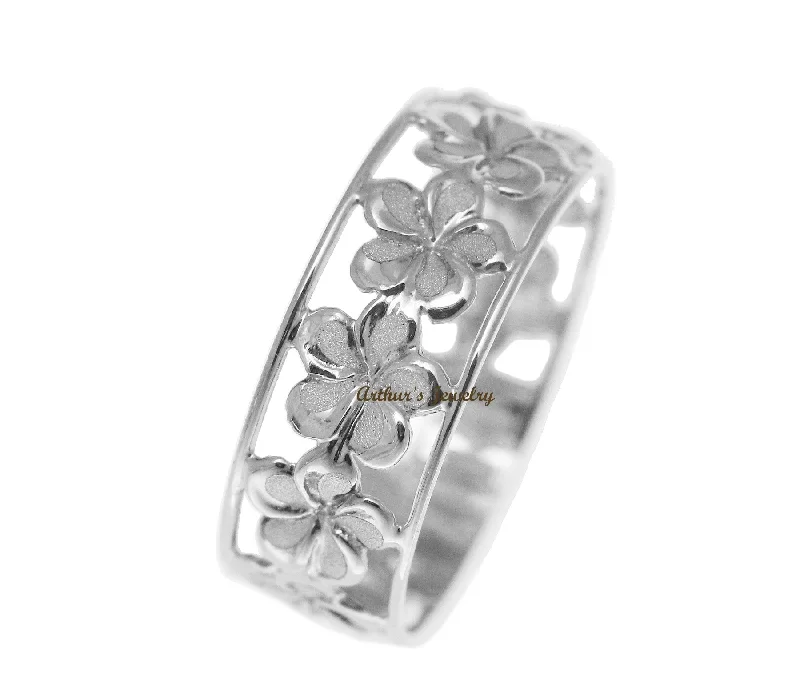 elegant engagement rings -SOLID 14K WHITE GOLD HAWAIIAN FANCY PLUMERIA FLOWER 6.5MM LEI RING