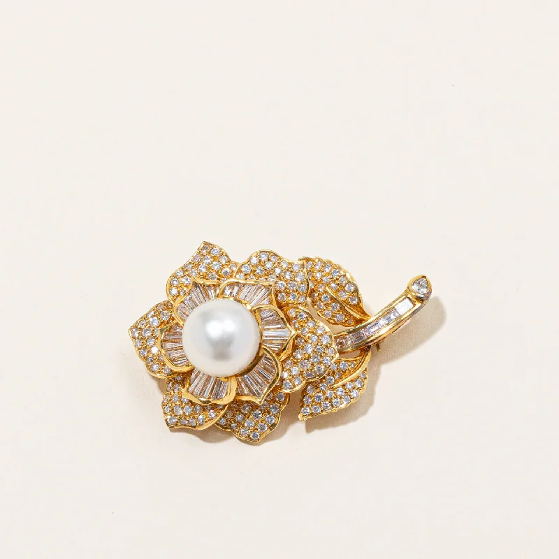 South Sea Pearl & Diamond Flower Brooch |13mm Pearl, 7.62ctw Diamonds | VS G/H