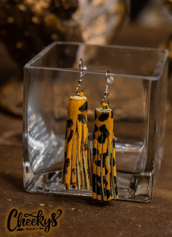 clip-on earrings for women -Leopard Mustard Leather Tassel Earrings