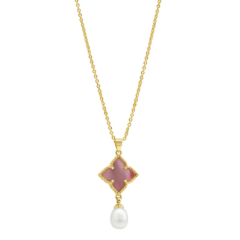 minimalistic silver necklaces for women -14k Gold Plated Pink Mother-of-Pearl Flower With Freshwater Pearl Drop Necklace