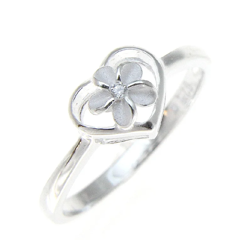 solitaire rings for women -925 Sterling Silver Hawaiian Plumeria Flower CZ in Heart Ring Size 2-10