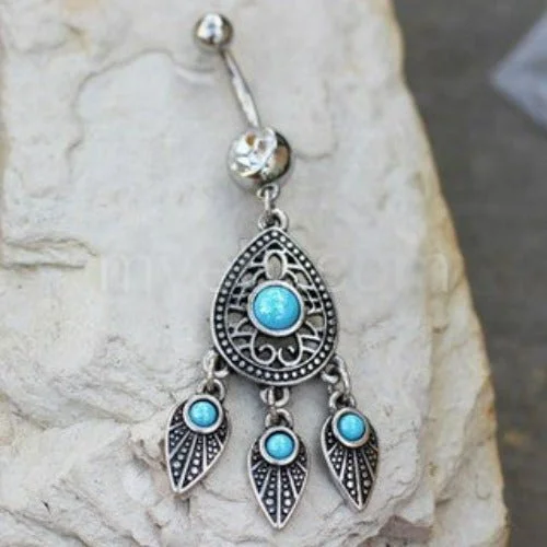 luxury rings for women -316L Stainless Steel Turquoise Teardrop and Feather Dangle Navel Ring